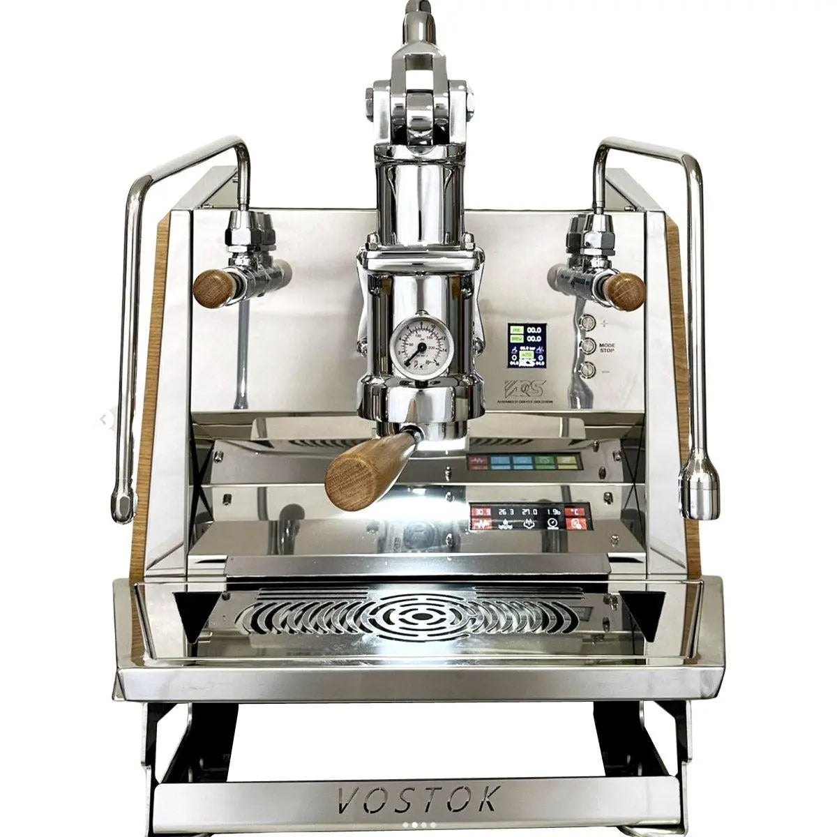 Vostok One Group μηχανή εσπρέσο από χρώμιο με ξύλινα στοιχεία και ψηφιακή οθόνη για επαγγελματική παρασκευή καφέ